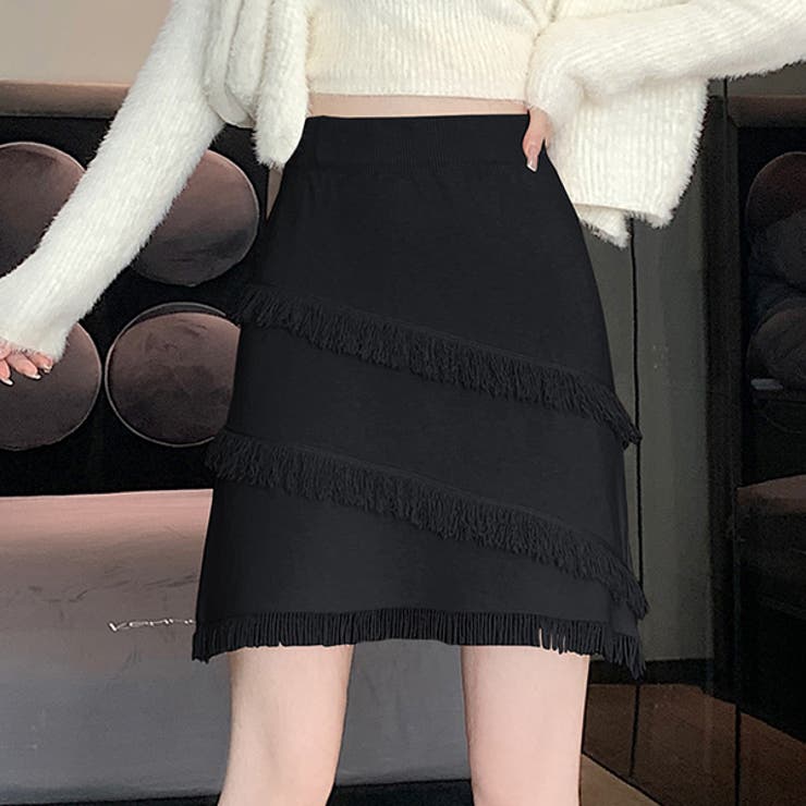 ブラック | 秋 新作 フリンジニットスカート | WITCH