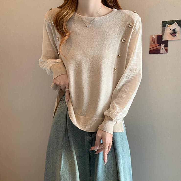 ベージュ | 秋 新作 トップス カットソー ニット プルオーバー 長袖 切り替えデザイン | WITCH