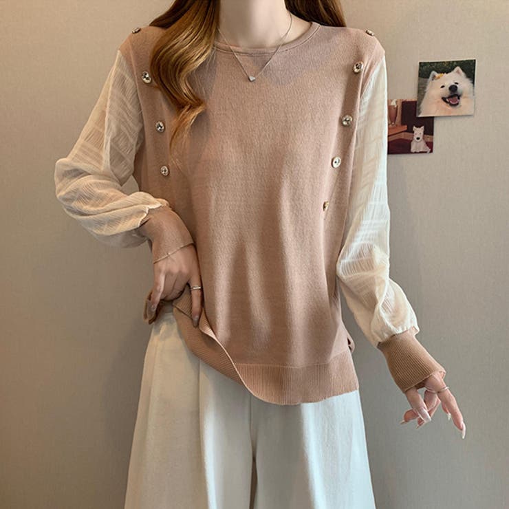 ブラウン | 秋 新作 トップス カットソー ニット プルオーバー 長袖 切り替えデザイン | WITCH