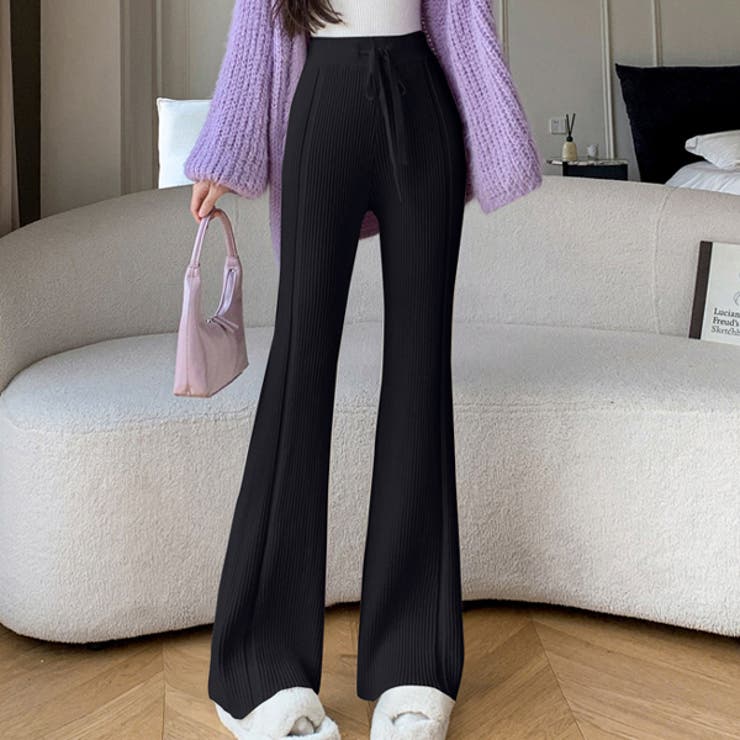 ブラック | 秋 新作 リブニットフレアワイドパンツ | WITCH