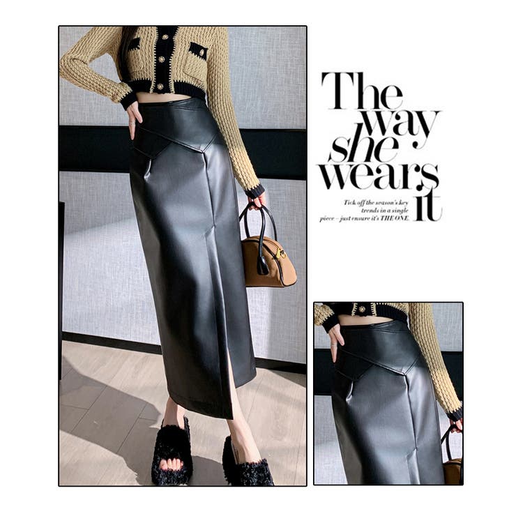 yae】Clash leather like side zip skirt / クラッシュレザー