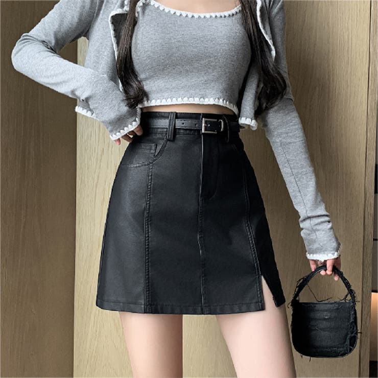 ブラック | 秋 新作 スリット入りPUレザー Aラインスカート ペチパンツ付き | WITCH