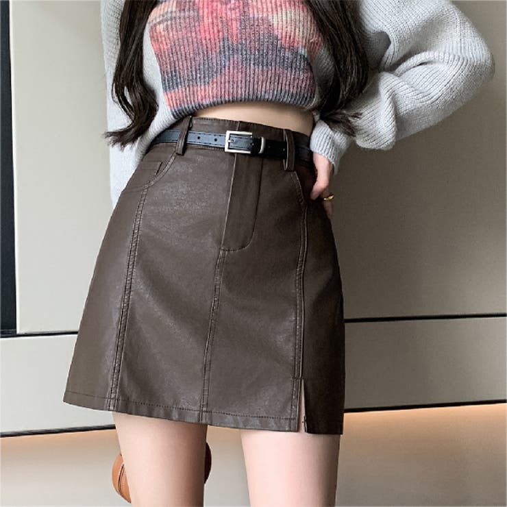 ブラウン | 秋 新作 スリット入りPUレザー Aラインスカート ペチパンツ付き | WITCH