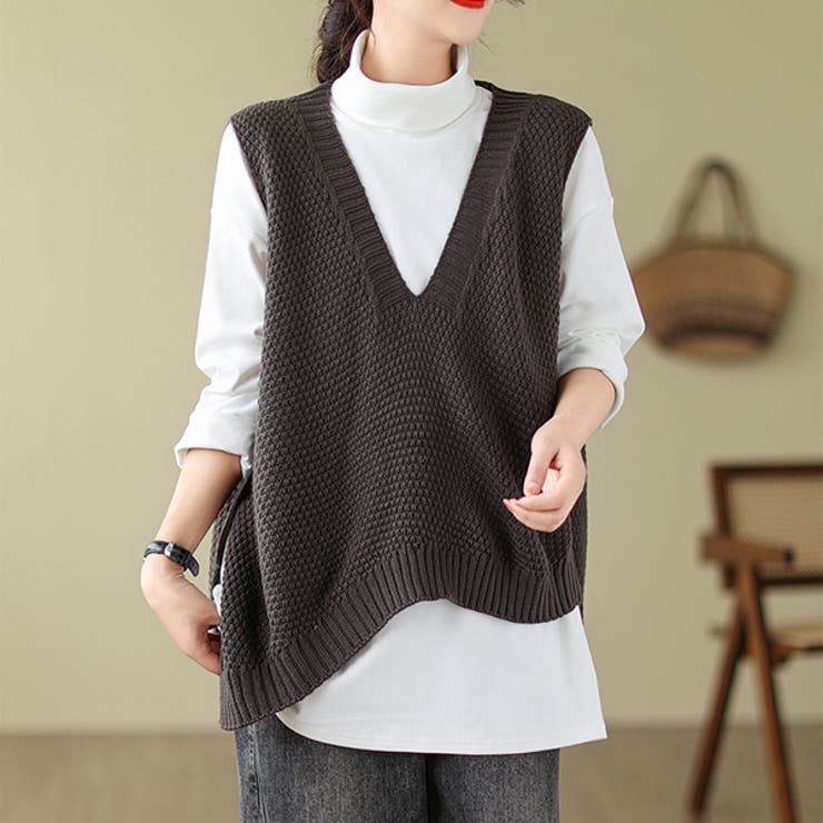 【25％OFF】 秋 新作 アシンメトリー ジレ vネック ベスト[品番：HERW0005537 トップス