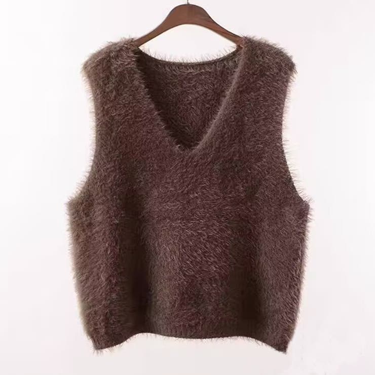 Vネックフェザーシャギーニットベスト[品番：HERW0005586