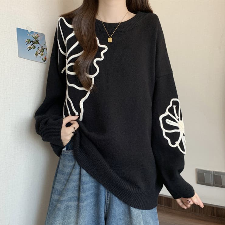 ブラック | 花柄  モックネック  ドロップ ショルダー セーター | WITCH