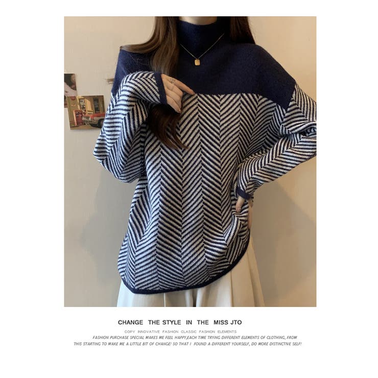 配色 ニットトップス  ハイネック  ヘリンボーン | WITCH | 詳細画像14 