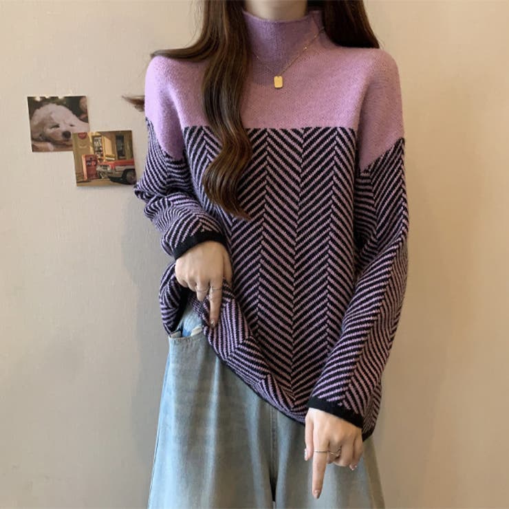 ピンク | 配色 ニットトップス  ハイネック  ヘリンボーン | WITCH