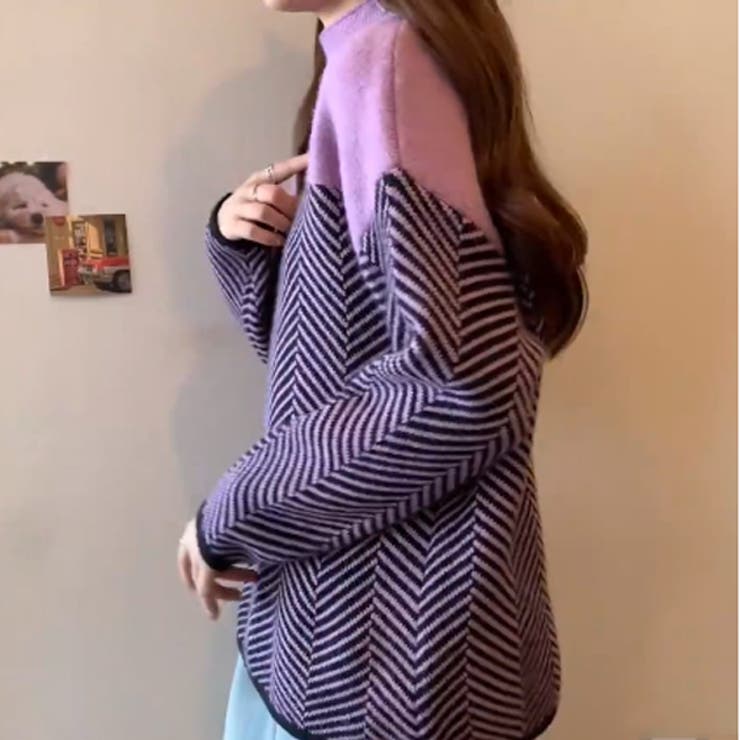 配色 ニットトップス  ハイネック  ヘリンボーン | WITCH | 詳細画像3 