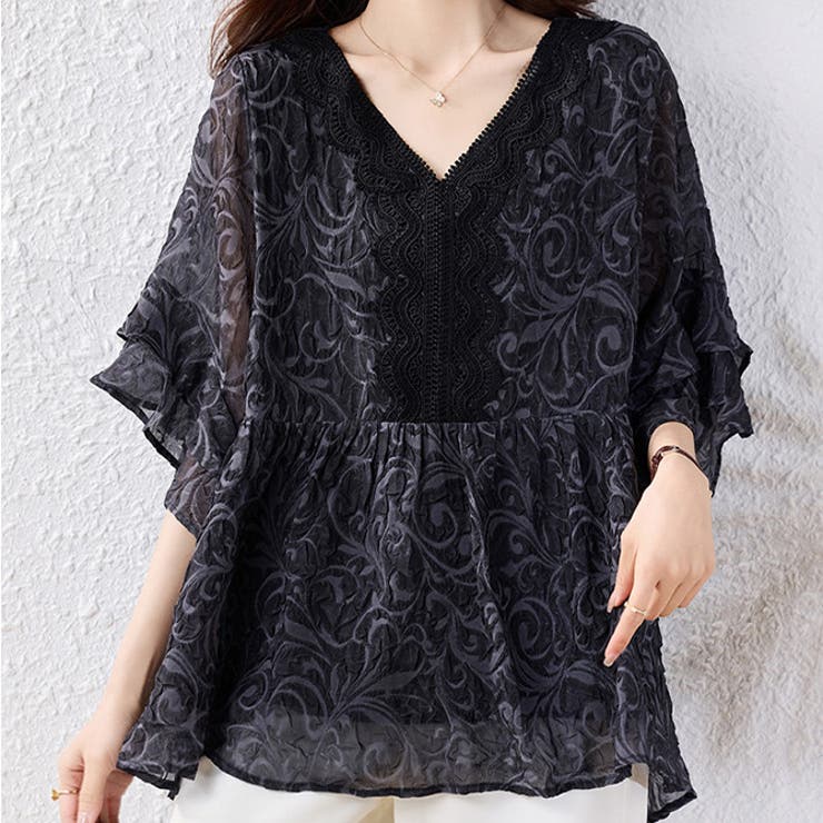 ブラック | シフォン袖フリル花びらブラウストップス | WITCH