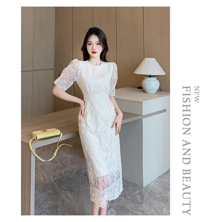 パーティードレスワンピ総レース リボン パフスリーブ 五分袖 タイトライン | WITCH | 詳細画像10 