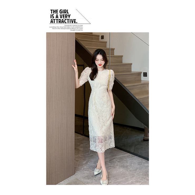 パーティードレスワンピ総レース リボン パフスリーブ 五分袖 タイトライン | WITCH | 詳細画像16 