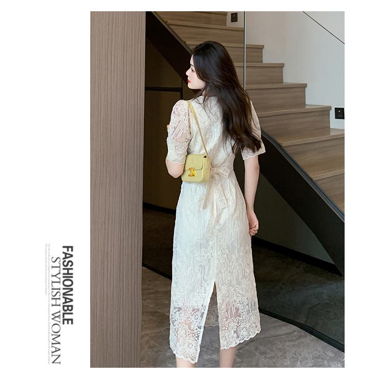 パーティードレスワンピ総レース リボン パフスリーブ 五分袖 タイトライン | WITCH | 詳細画像18 