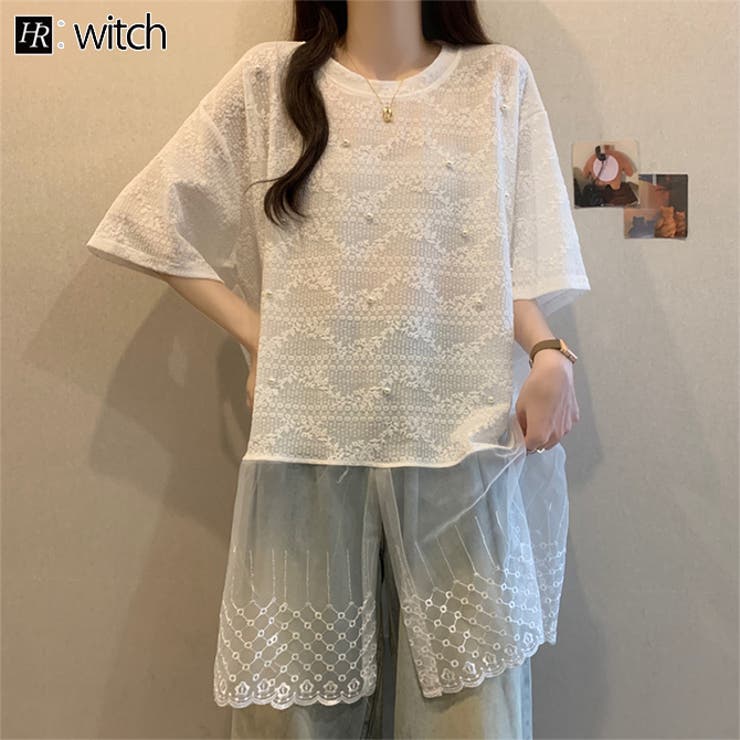 裾レースラインストーンオーバーTシャツ | WITCH | 詳細画像1 