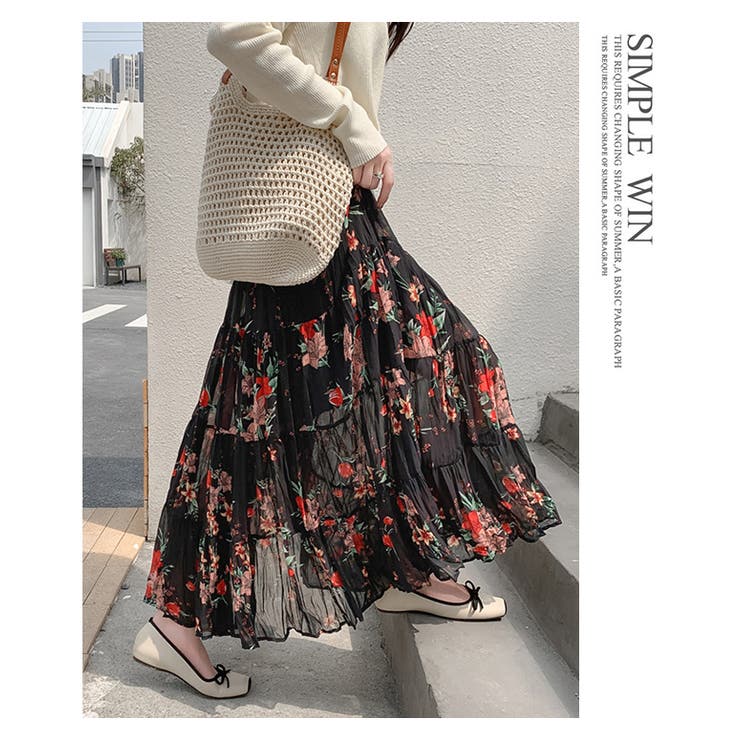 花柄シフォンフレアロングスカート[品番：HERW0005771]｜WITCH