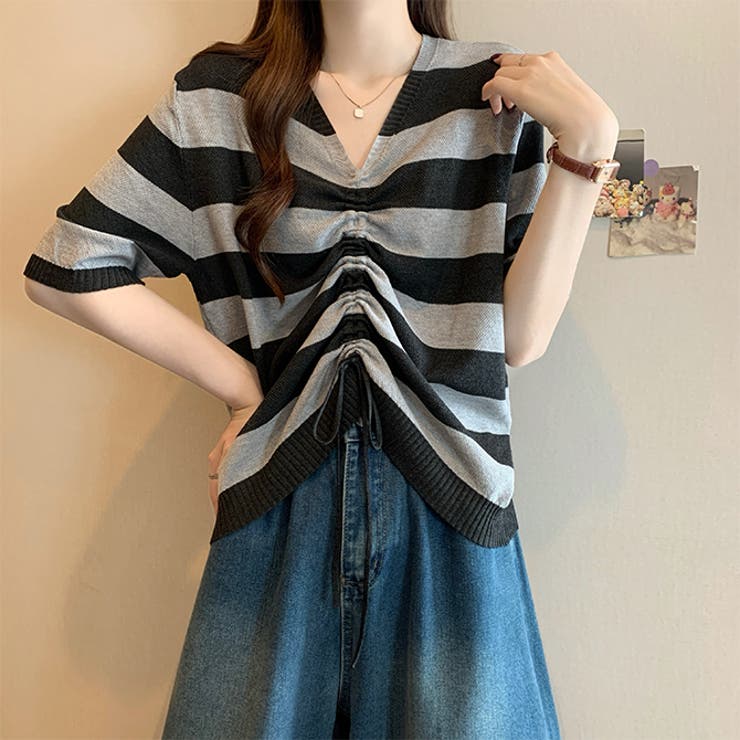 ブラック | フロントシャーリングボーダーニット トップス | WITCH