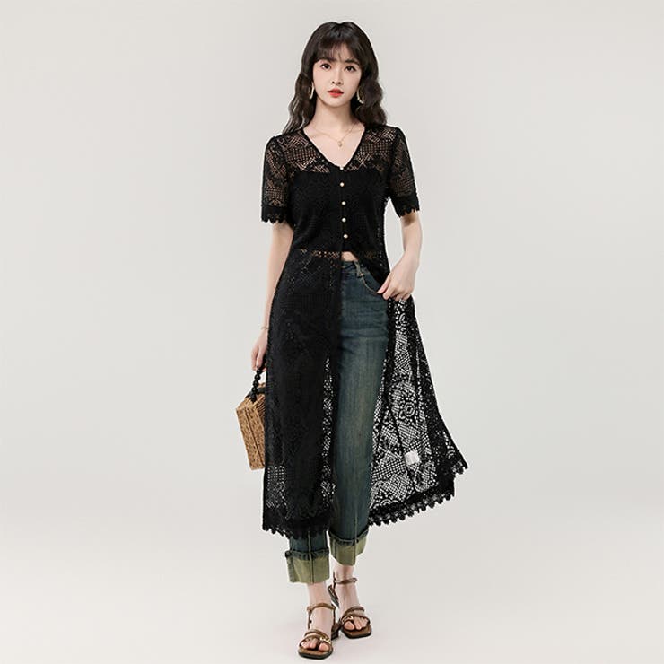 ブラック | 透かし編み Vネック ニットカーディガン | WITCH