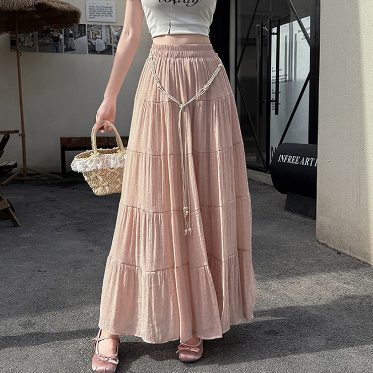 ピンク | 棉麻素材ティアードフレアスカート | WITCH