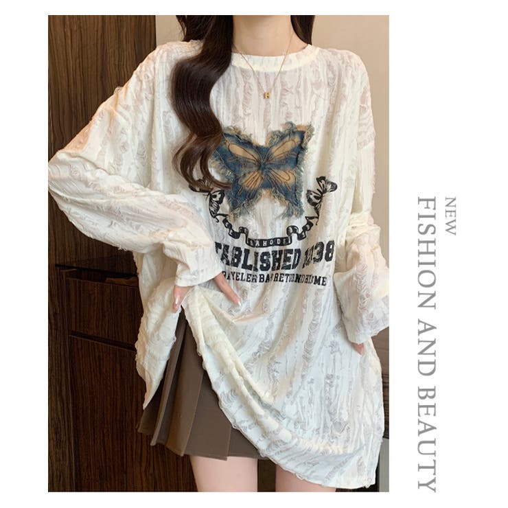 選べる2type壊れた穴丸い首蝶刺繍プリントTシャツ | WITCH | 詳細画像7 