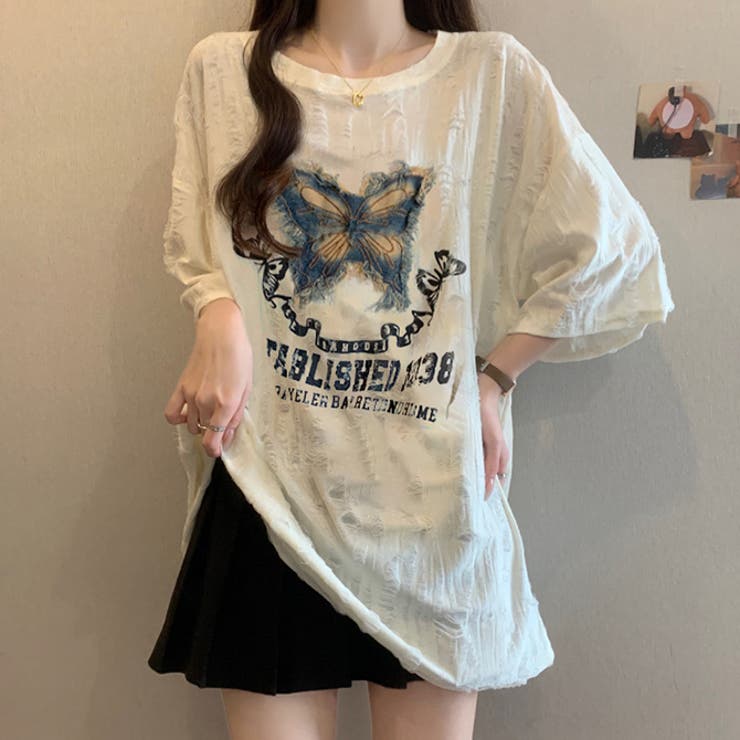 B-type(半袖）ホワイト | 選べる2type壊れた穴丸い首蝶刺繍プリントTシャツ | WITCH