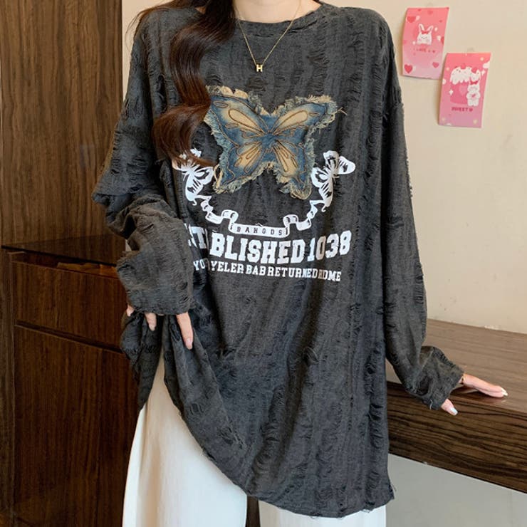 A-type(長袖）グレー | 選べる2type壊れた穴丸い首蝶刺繍プリントTシャツ | WITCH