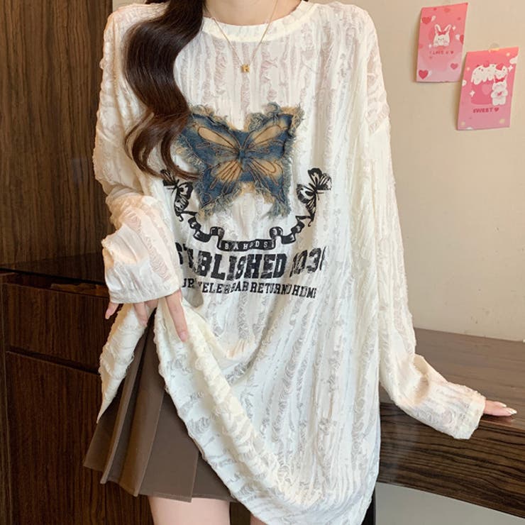 選べる2type壊れた穴丸い首蝶刺繍プリントTシャツ | WITCH | 詳細画像2 