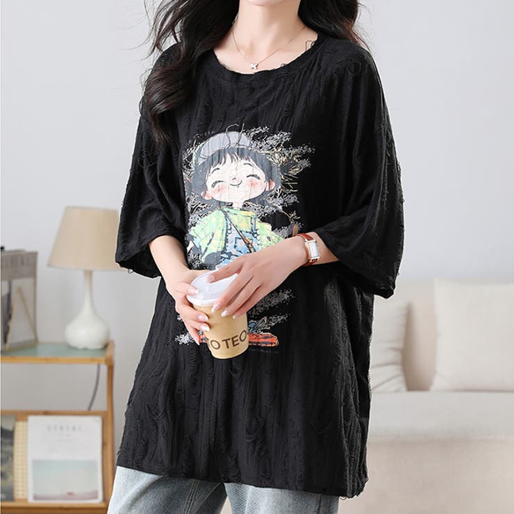 夏の穴あきカラフルプリント半袖Tシャツ[品番：HERW0005842