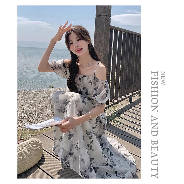 CHICWISH★花柄オフショルダーシフォンワンピース 2色☆ ピンク ブルー シフォンワンピース オフショルダー 20代 30代 夏