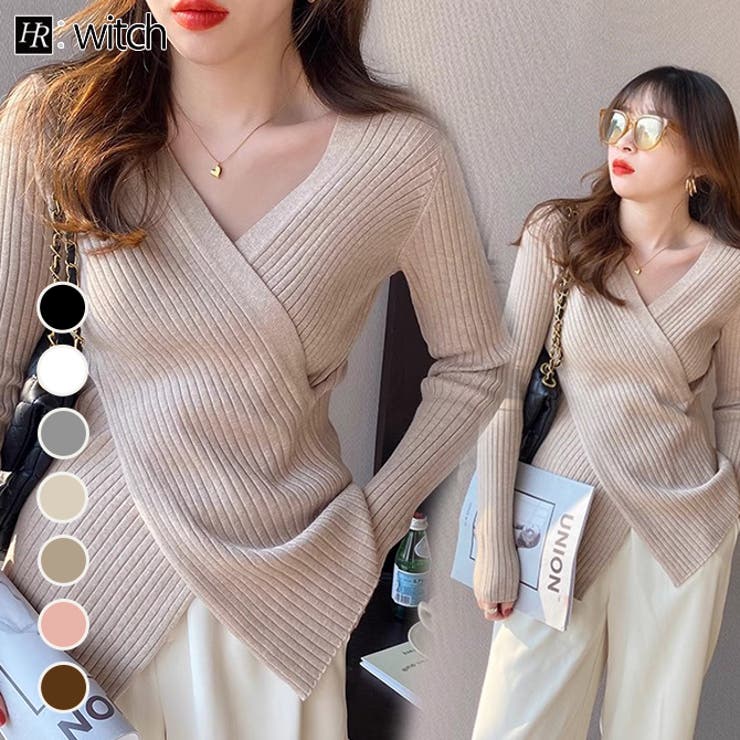 クロスVネックリブ編みニットトップス | WITCH | 詳細画像1 