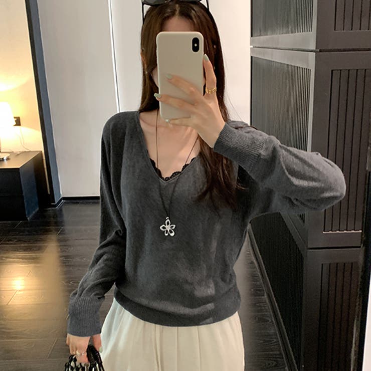 グレー | Ｖネックニットソー ニットセーター カジュアルトップス | WITCH