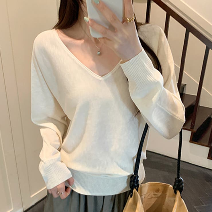 ホワイト | Ｖネックニットソー ニットセーター カジュアルトップス | WITCH