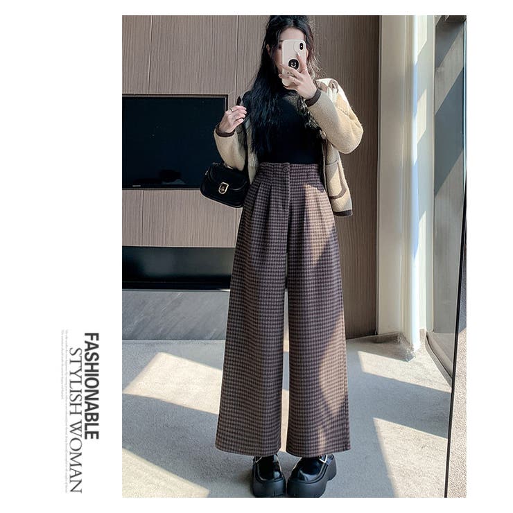 チェック柄ウール調ワイドパンツ Aラインロングパンツ | WITCH | 詳細画像15 