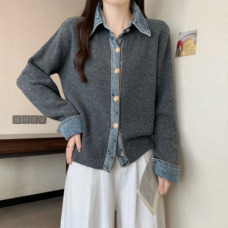 グレー | デニム襟異素材ミックスニットトップス | WITCH