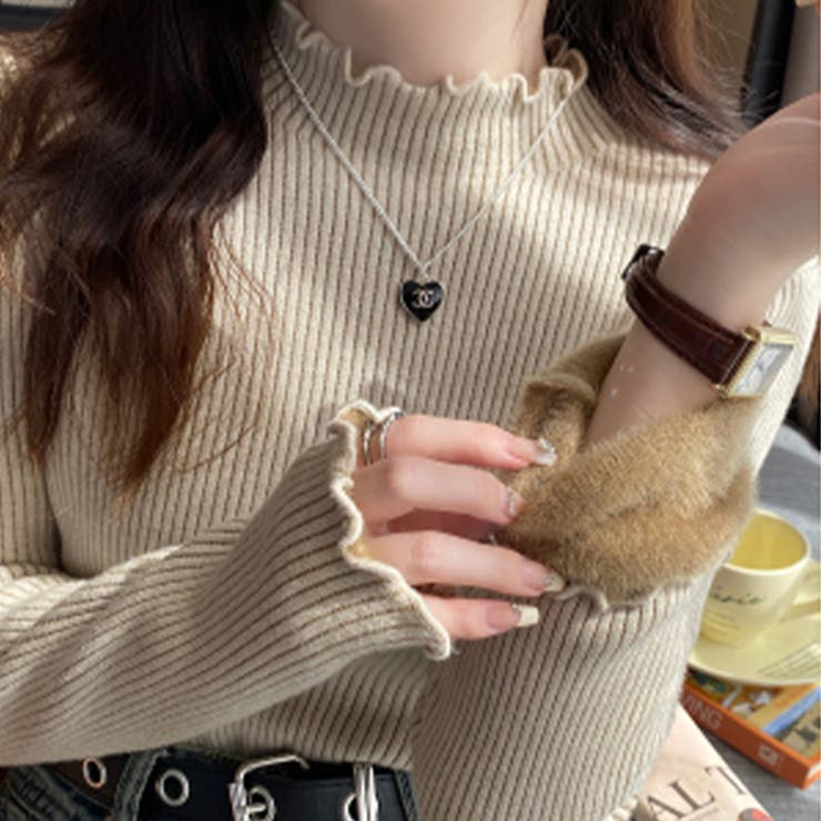 ベージュ | 裏起毛 ファー リブ ニット トップス | WITCH