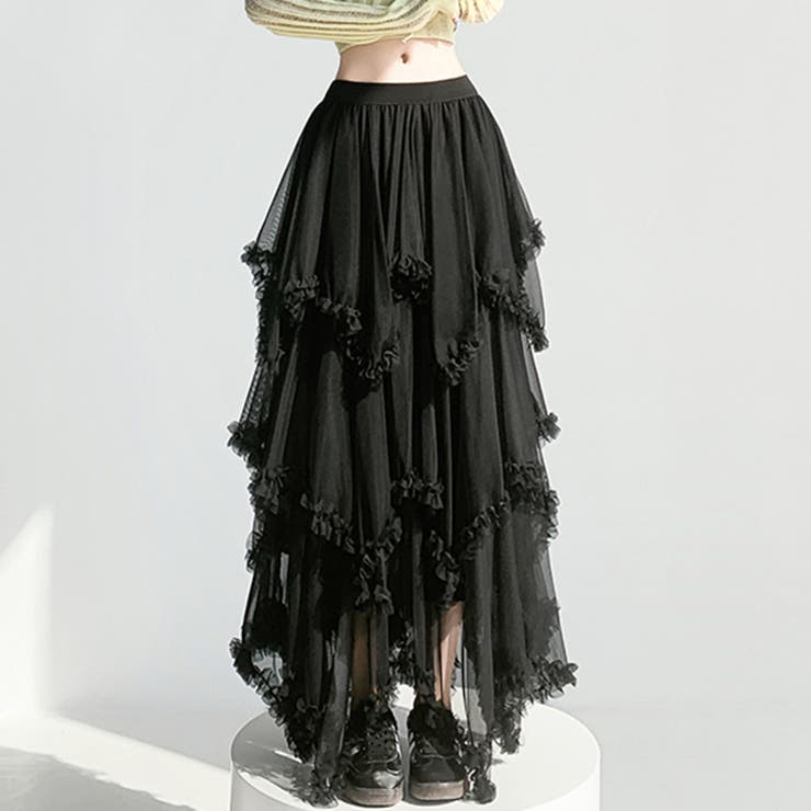 ブラック | アシンメトリーフリルティアードチュールスカート | WITCH