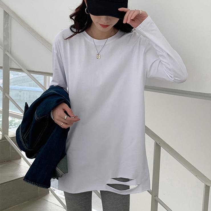 ホワイト | 裾ダメージロングTシャツ 長袖 | WITCH