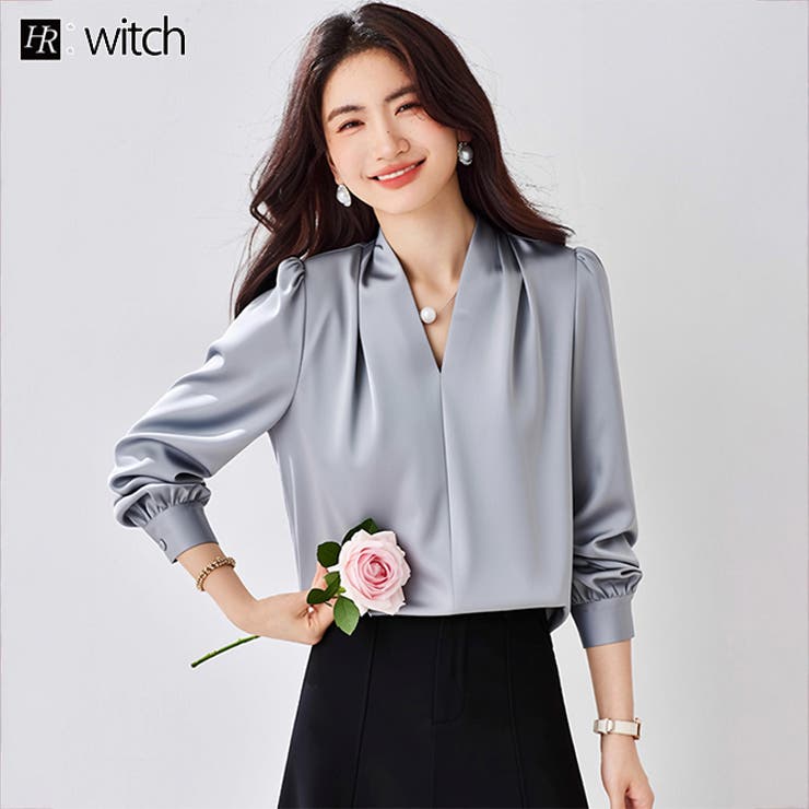 サテン風シャツブラウス Vネックトップス | WITCH | 詳細画像1 