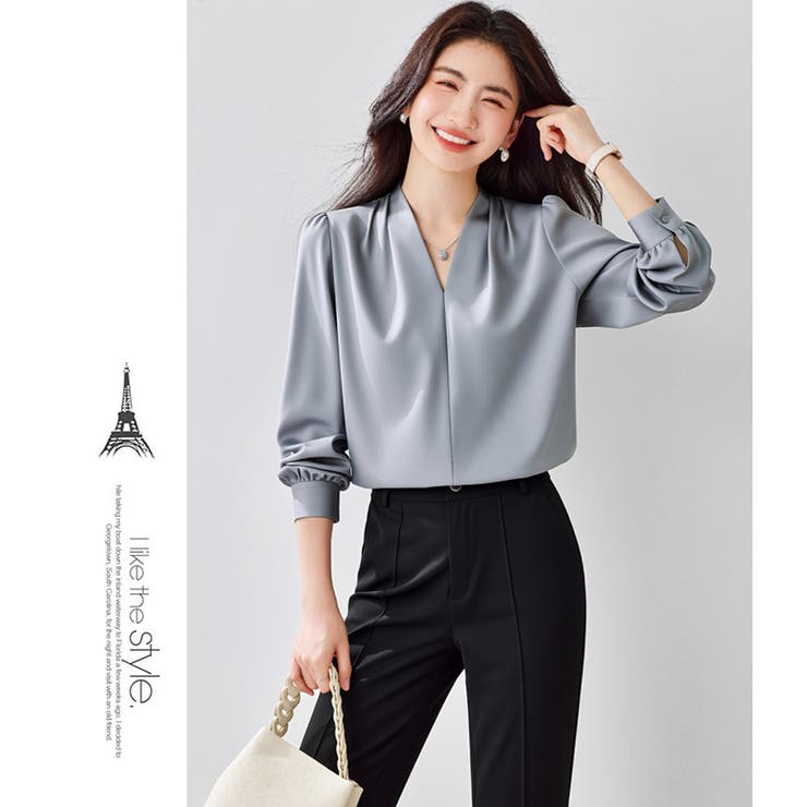 サテン風シャツブラウス Vネックトップス | WITCH | 詳細画像18 