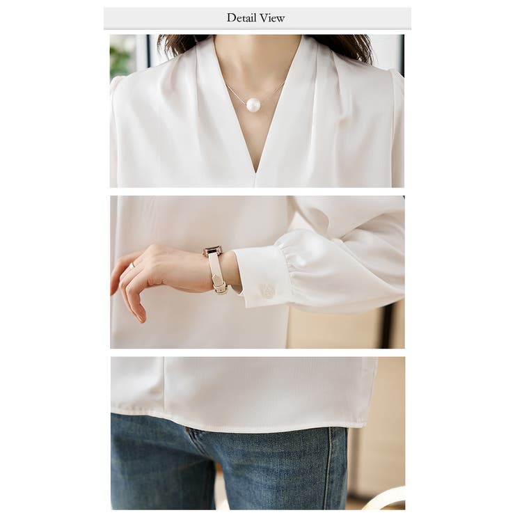 サテン風シャツブラウス Vネックトップス | WITCH | 詳細画像5 