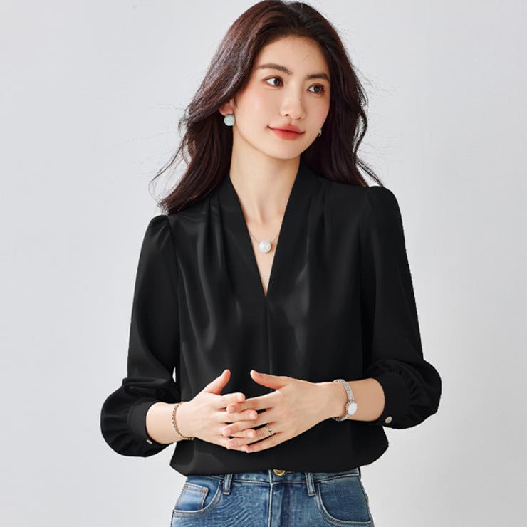 サテン風シャツブラウス Vネックトップス | WITCH | 詳細画像2 