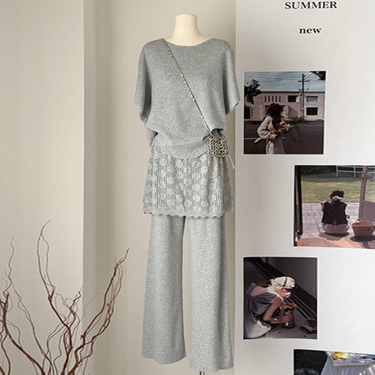 グレー | ニットセットアップ スカートレイヤードドルマンスリーブトップス感度の高いワントー… | WITCH