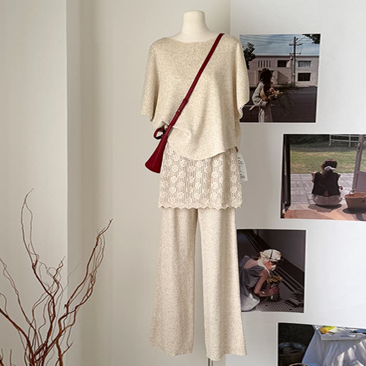 ライトベージュ | ニットセットアップ スカートレイヤードドルマンスリーブトップス感度の高いワントー… | WITCH