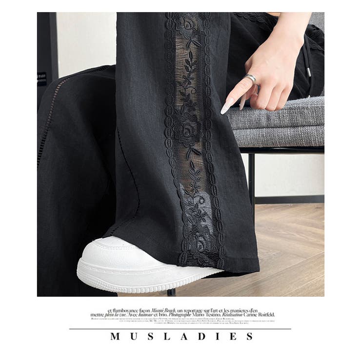 春夏新作棉麻素材フラワーレースラインワイドパンツ | WITCH | 詳細画像15 