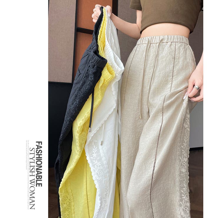 春夏新作棉麻素材フラワーレースラインワイドパンツ | WITCH | 詳細画像17 