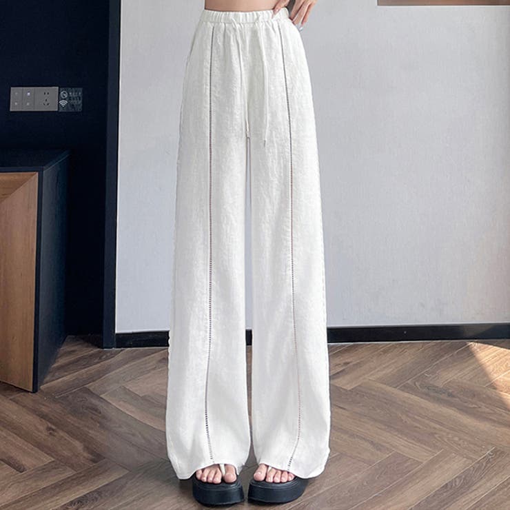 ホワイト | 春夏新作棉麻素材フラワーレースラインワイドパンツ | WITCH