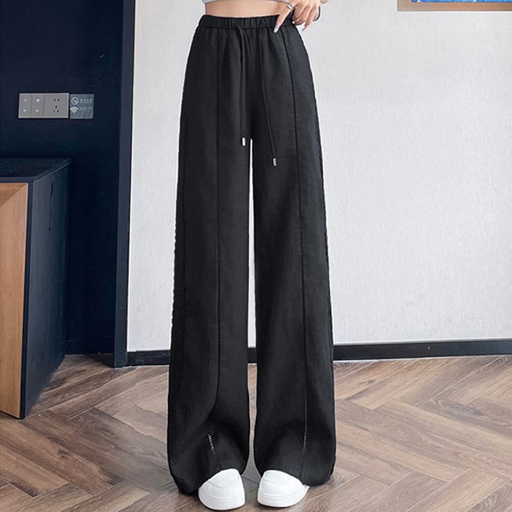 ブラック | 春夏新作棉麻素材フラワーレースラインワイドパンツ | WITCH