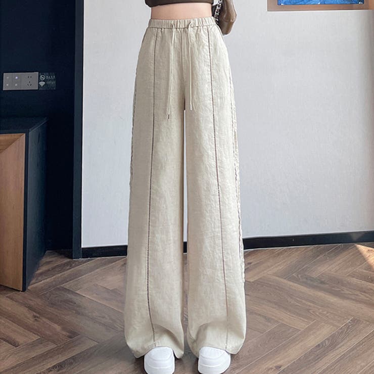 ベージュ | 春夏新作棉麻素材フラワーレースラインワイドパンツ | WITCH