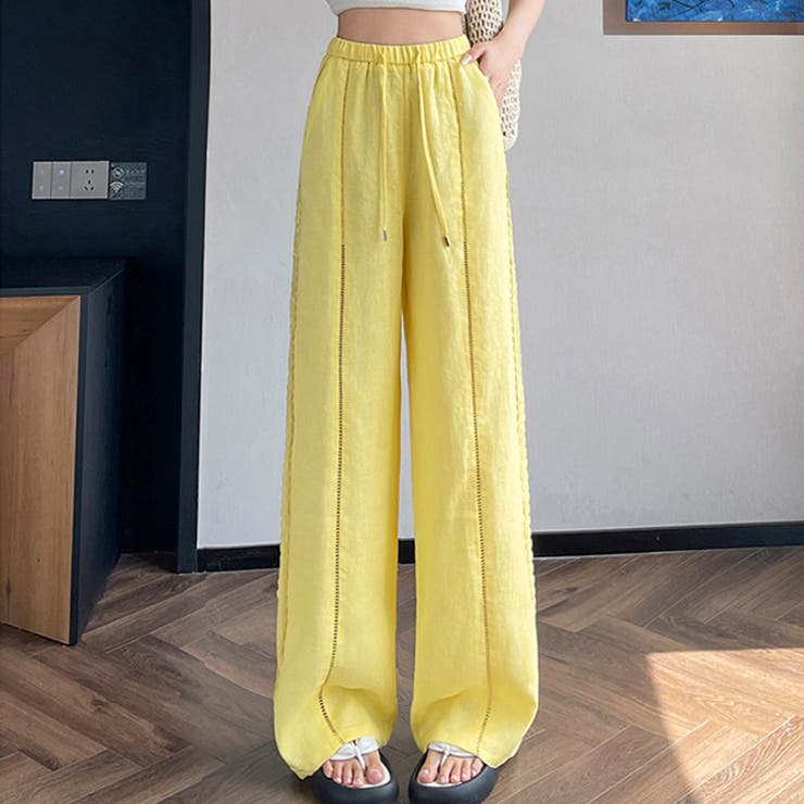 イエロー | 春夏新作棉麻素材フラワーレースラインワイドパンツ | WITCH