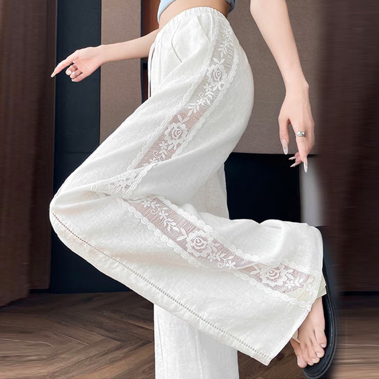 春夏新作棉麻素材フラワーレースラインワイドパンツ | WITCH | 詳細画像1 