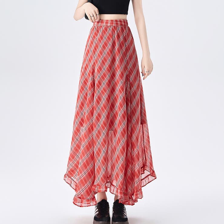 レッド | チェック柄ボリュウームシフォンマーメイドスカート | WITCH